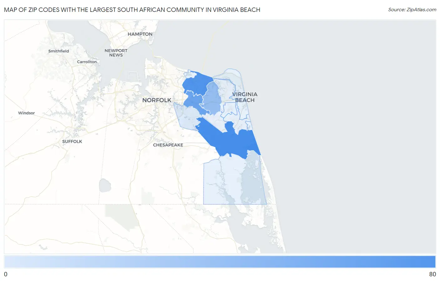 Zip Codes with the Largest South African Community in Virginia Beach Map