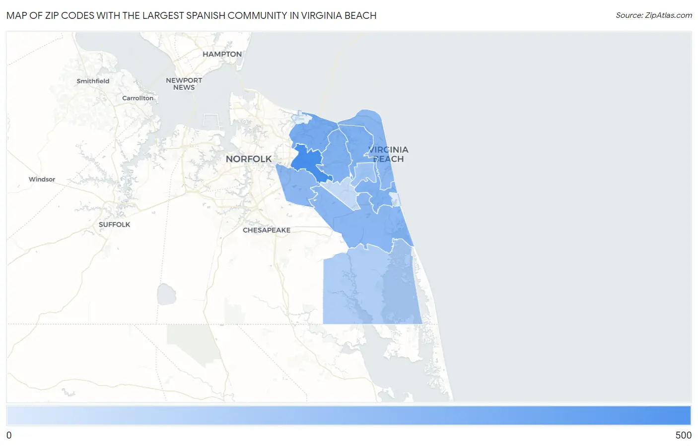 Zip Codes with the Largest Spanish Community in Virginia Beach Map