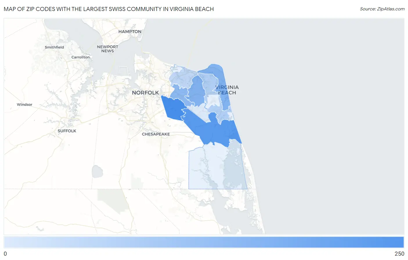 Zip Codes with the Largest Swiss Community in Virginia Beach Map