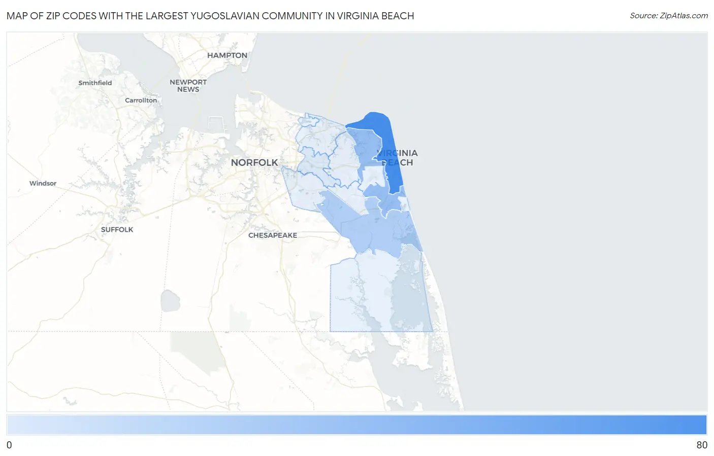 Zip Codes with the Largest Yugoslavian Community in Virginia Beach Map