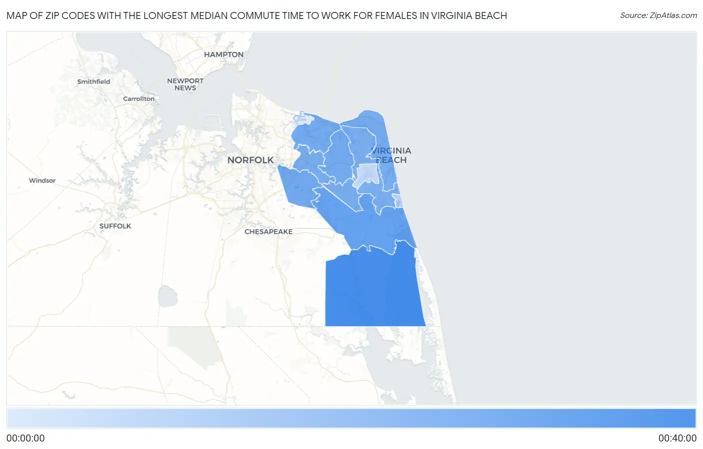 Zip Codes with the Longest Median Commute Time to Work for Females in Virginia Beach Map