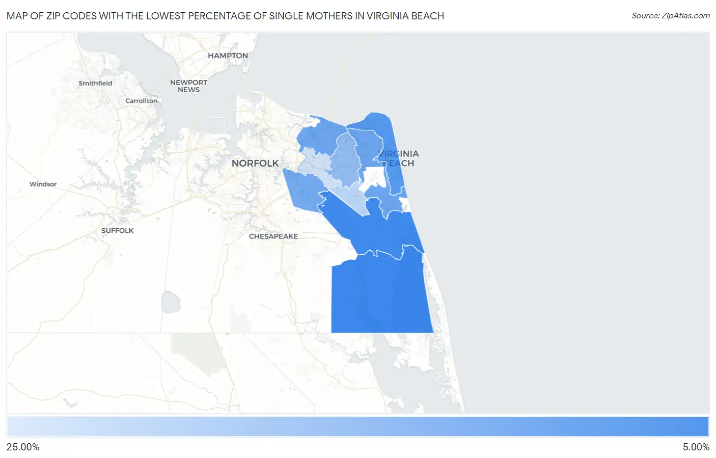 Zip Codes with the Lowest Percentage of Single Mothers in Virginia Beach Map