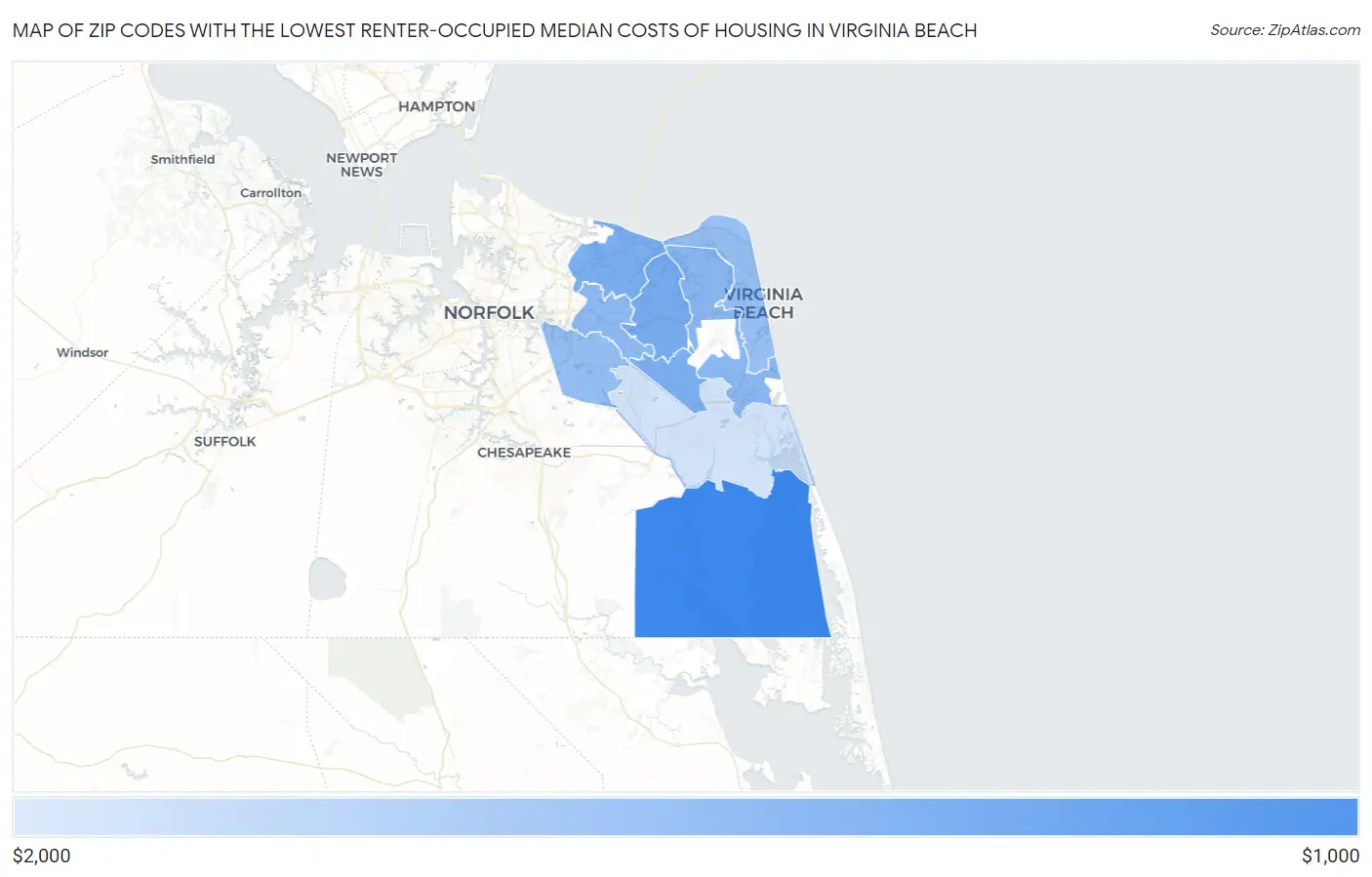 Zip Codes with the Lowest Renter-Occupied Median Costs of Housing in Virginia Beach Map