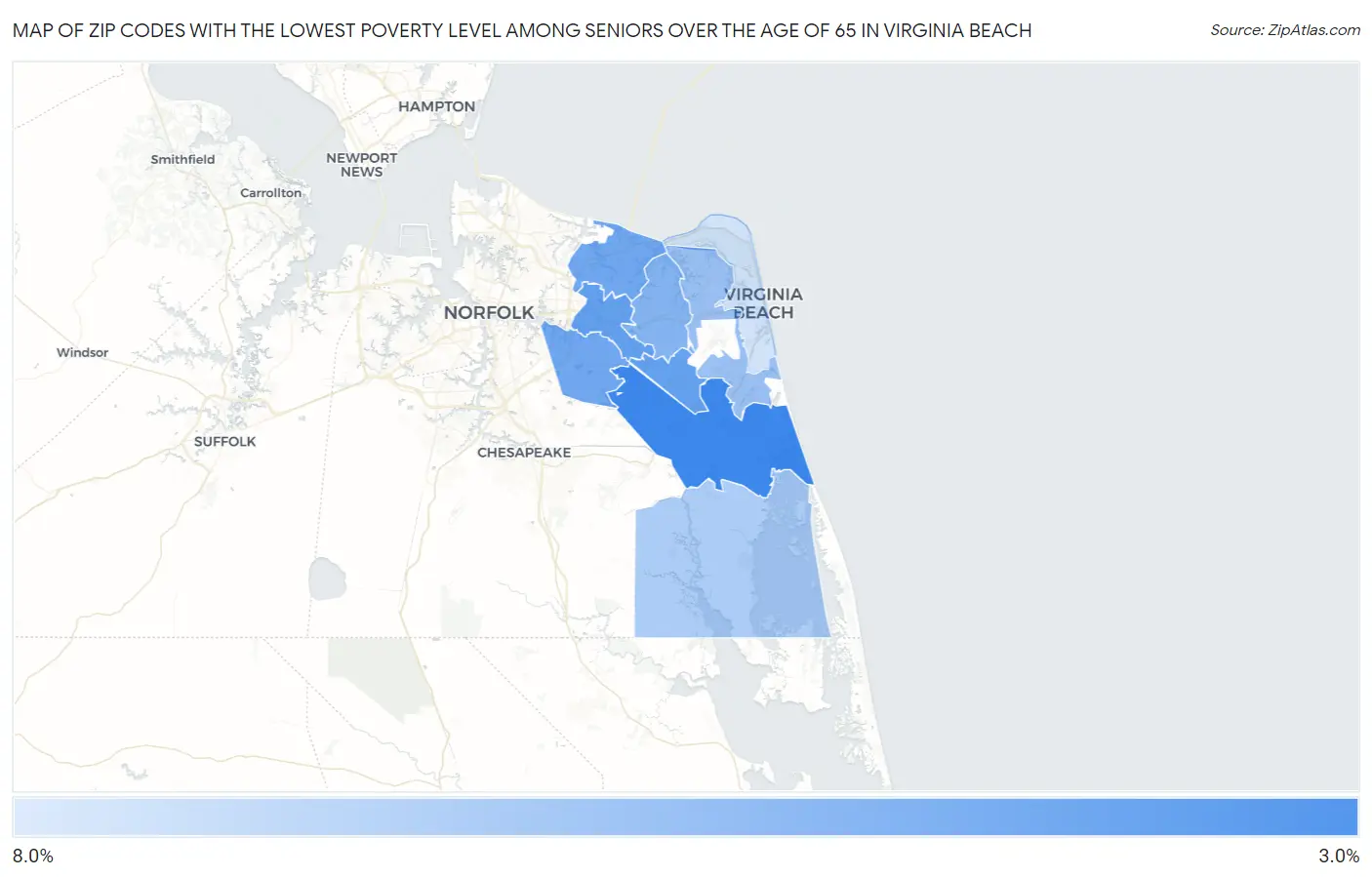 Zip Codes with the Lowest Poverty Level Among Seniors Over the Age of 65 in Virginia Beach Map