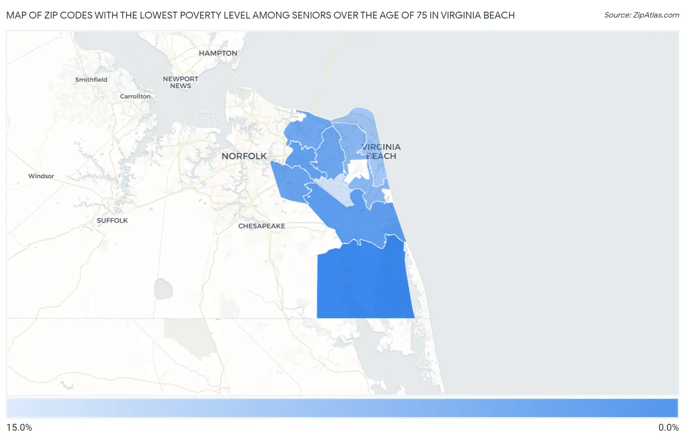 Zip Codes with the Lowest Poverty Level Among Seniors Over the Age of 75 in Virginia Beach Map