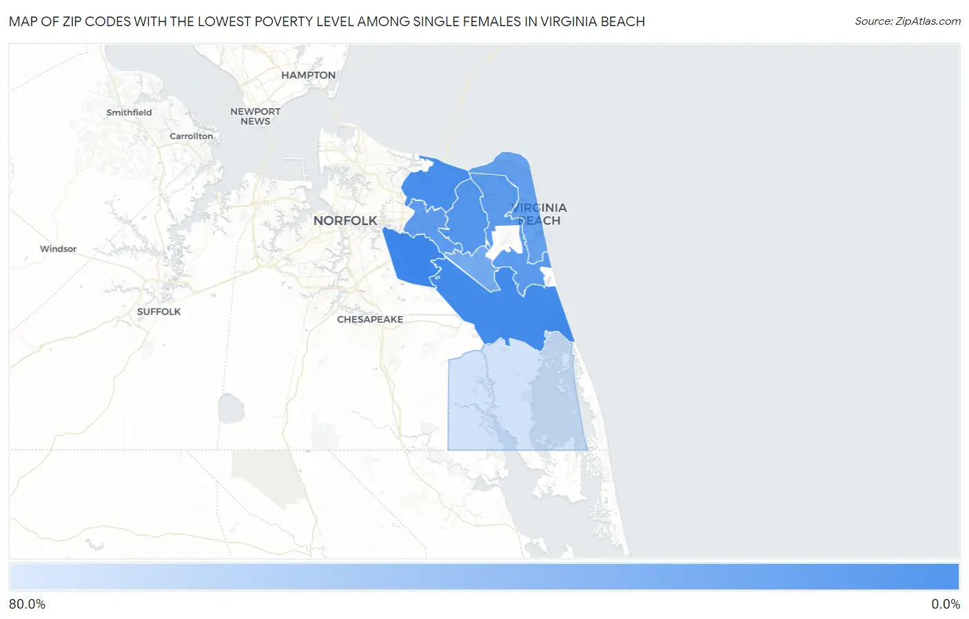 Zip Codes with the Lowest Poverty Level Among Single Females in Virginia Beach Map