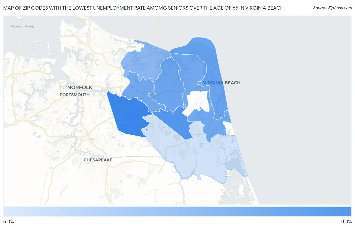 Zip Codes with the Lowest Unemployment Rate Amomg Seniors Over the Age of 65 in Virginia Beach Map
