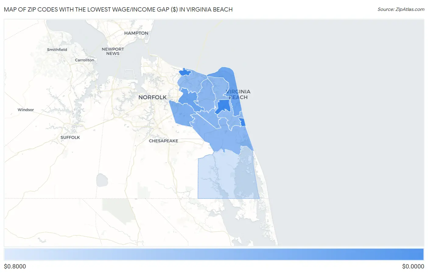 Zip Codes with the Lowest Wage/Income Gap ($) in Virginia Beach Map
