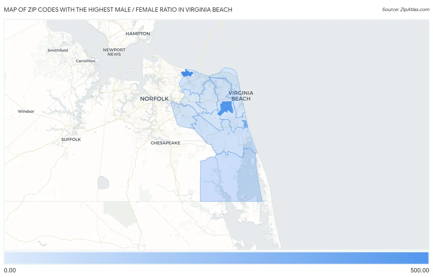 Zip Codes with the Highest Male / Female Ratio in Virginia Beach Map