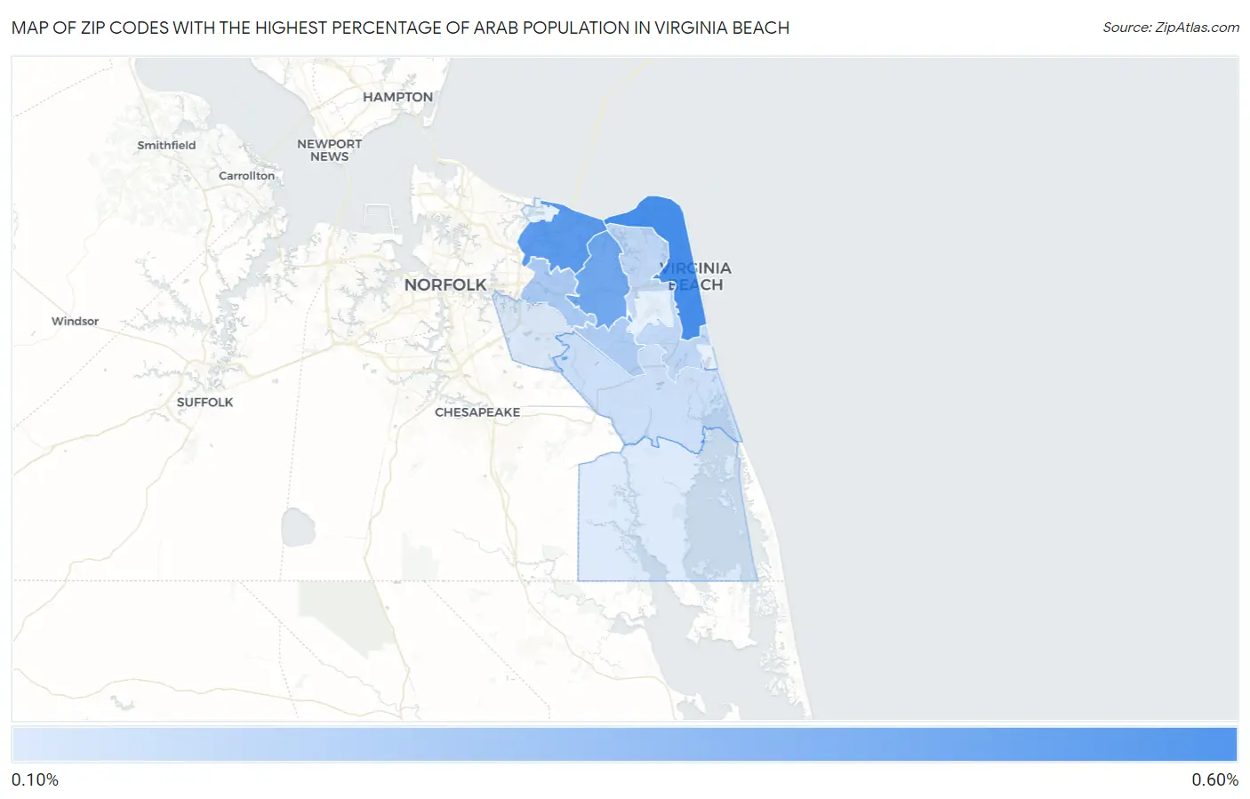 Zip Codes with the Highest Percentage of Arab Population in Virginia Beach Map