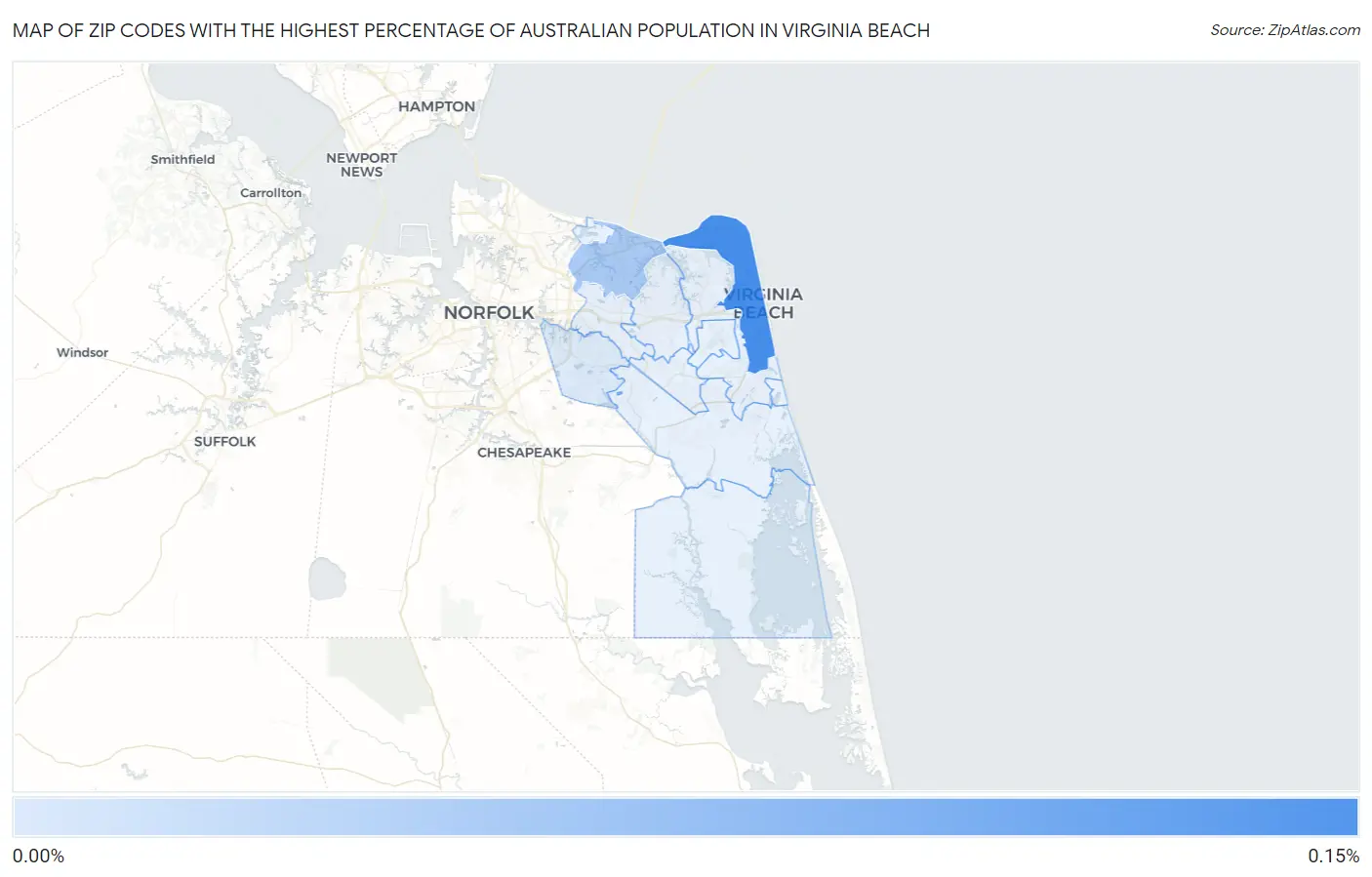 Zip Codes with the Highest Percentage of Australian Population in Virginia Beach Map