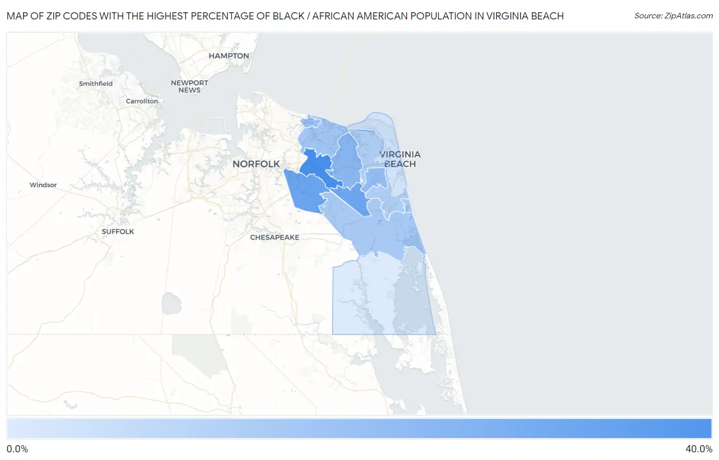 Zip Codes with the Highest Percentage of Black / African American Population in Virginia Beach Map