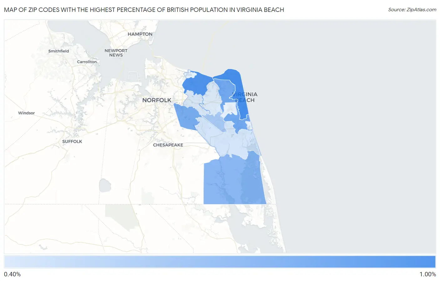 Zip Codes with the Highest Percentage of British Population in Virginia Beach Map