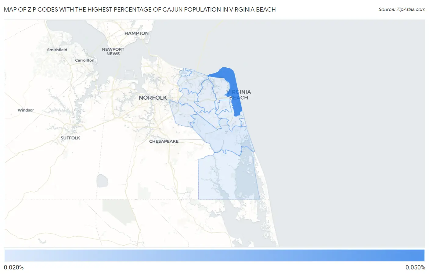 Zip Codes with the Highest Percentage of Cajun Population in Virginia Beach Map