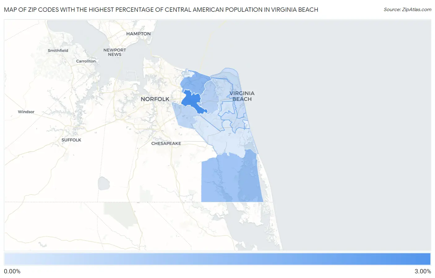 Zip Codes with the Highest Percentage of Central American Population in Virginia Beach Map