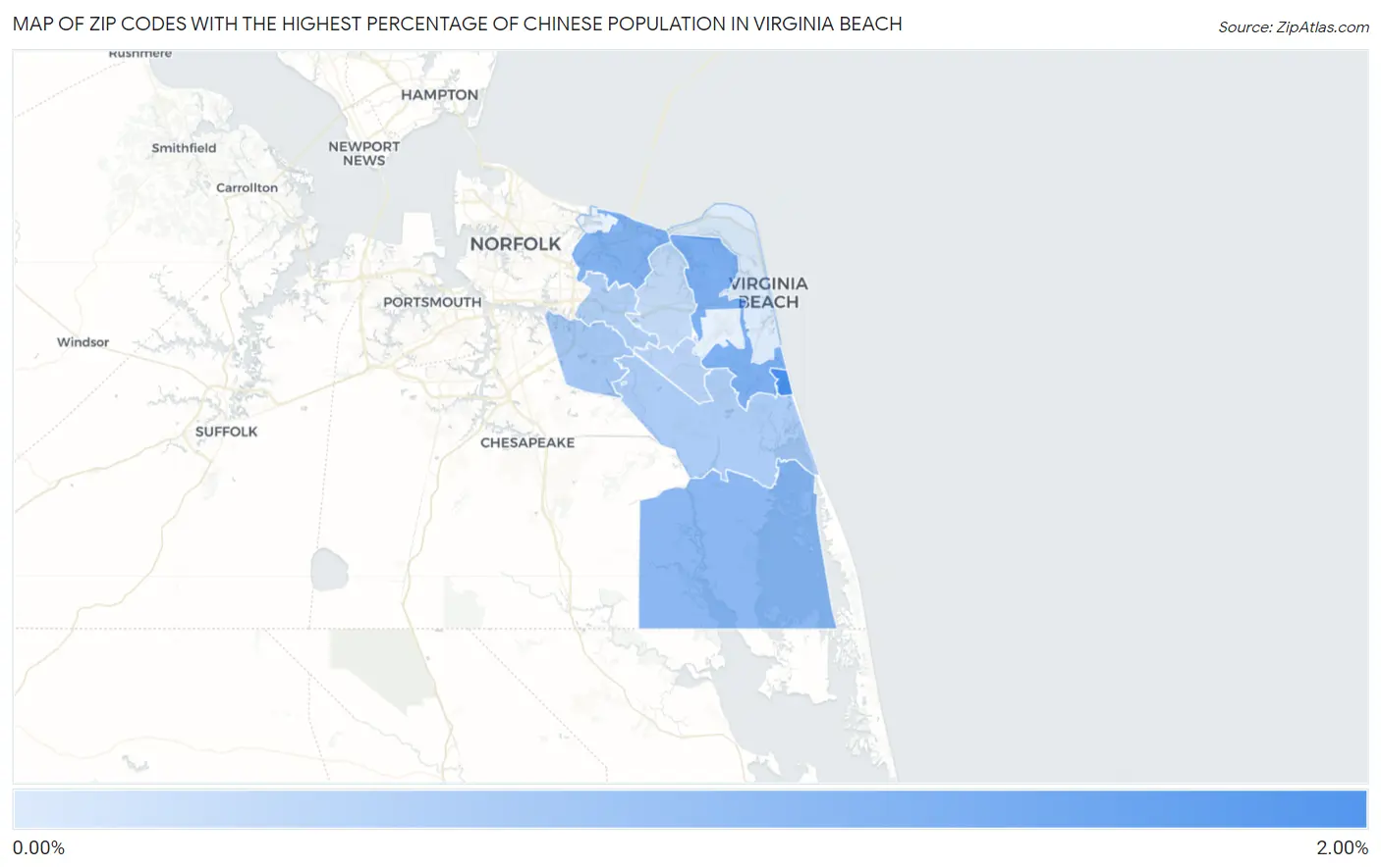 Zip Codes with the Highest Percentage of Chinese Population in Virginia Beach Map