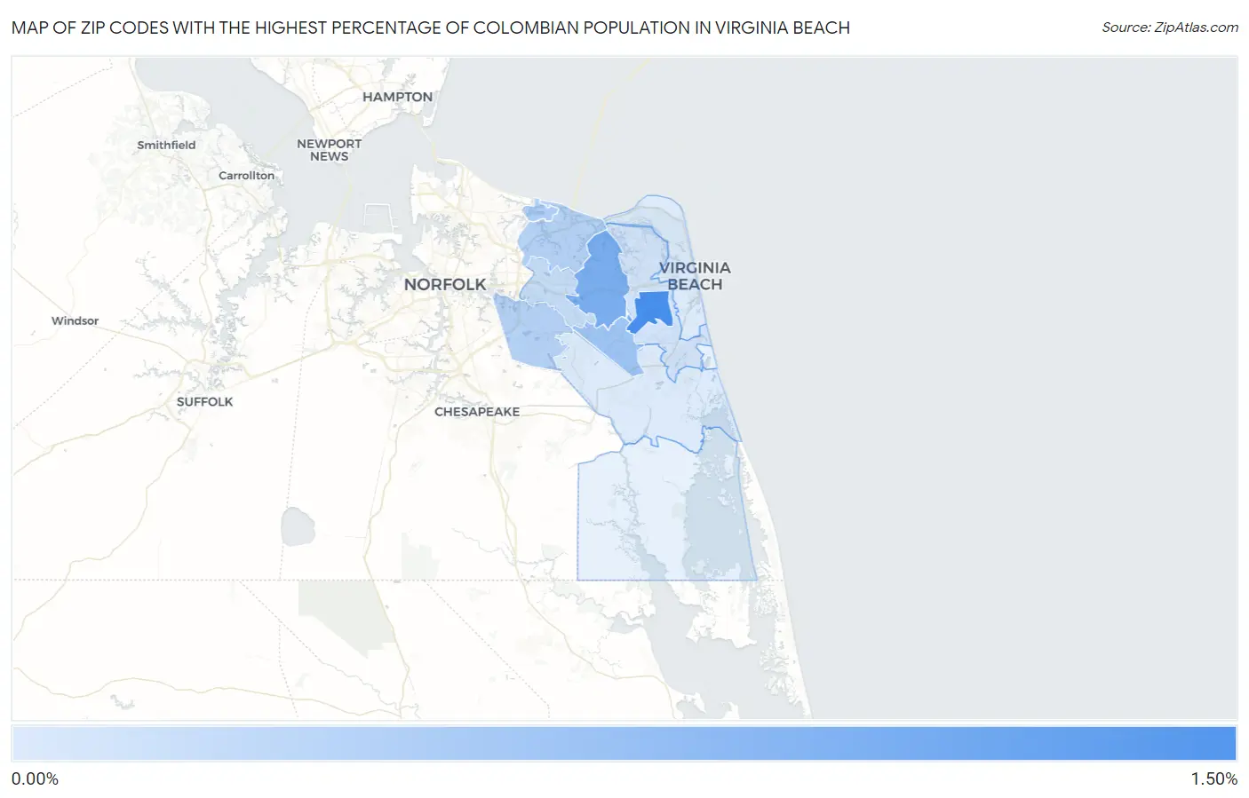Zip Codes with the Highest Percentage of Colombian Population in Virginia Beach Map