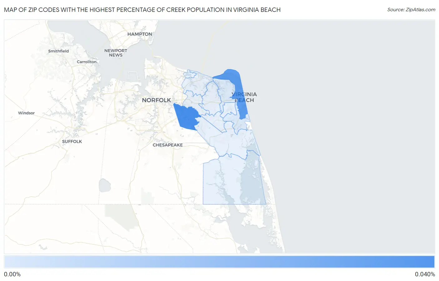 Zip Codes with the Highest Percentage of Creek Population in Virginia Beach Map