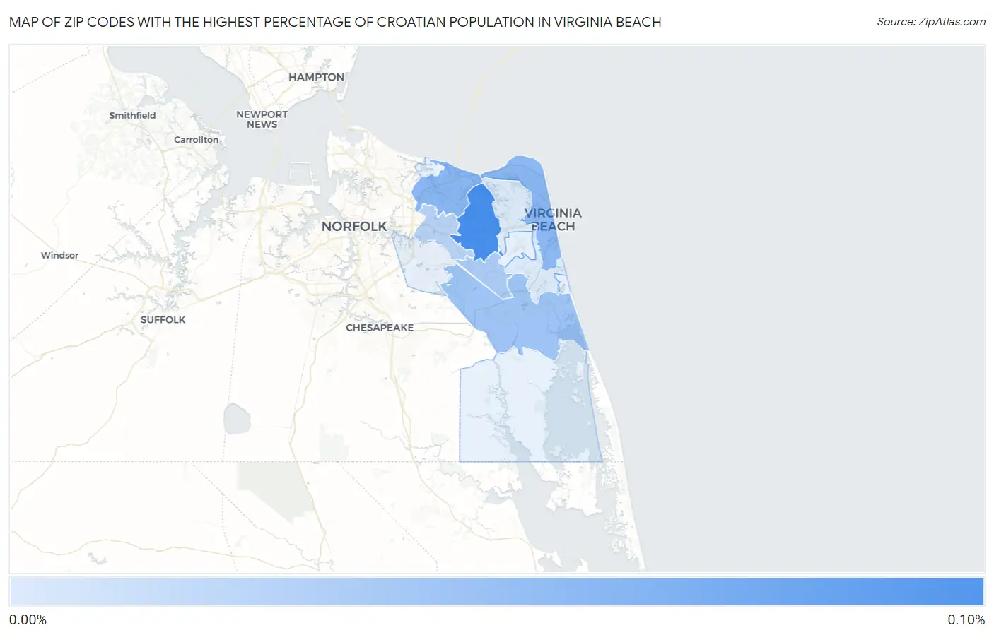Zip Codes with the Highest Percentage of Croatian Population in Virginia Beach Map