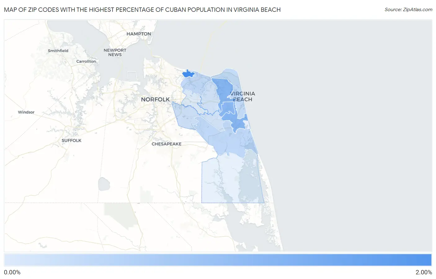 Zip Codes with the Highest Percentage of Cuban Population in Virginia Beach Map
