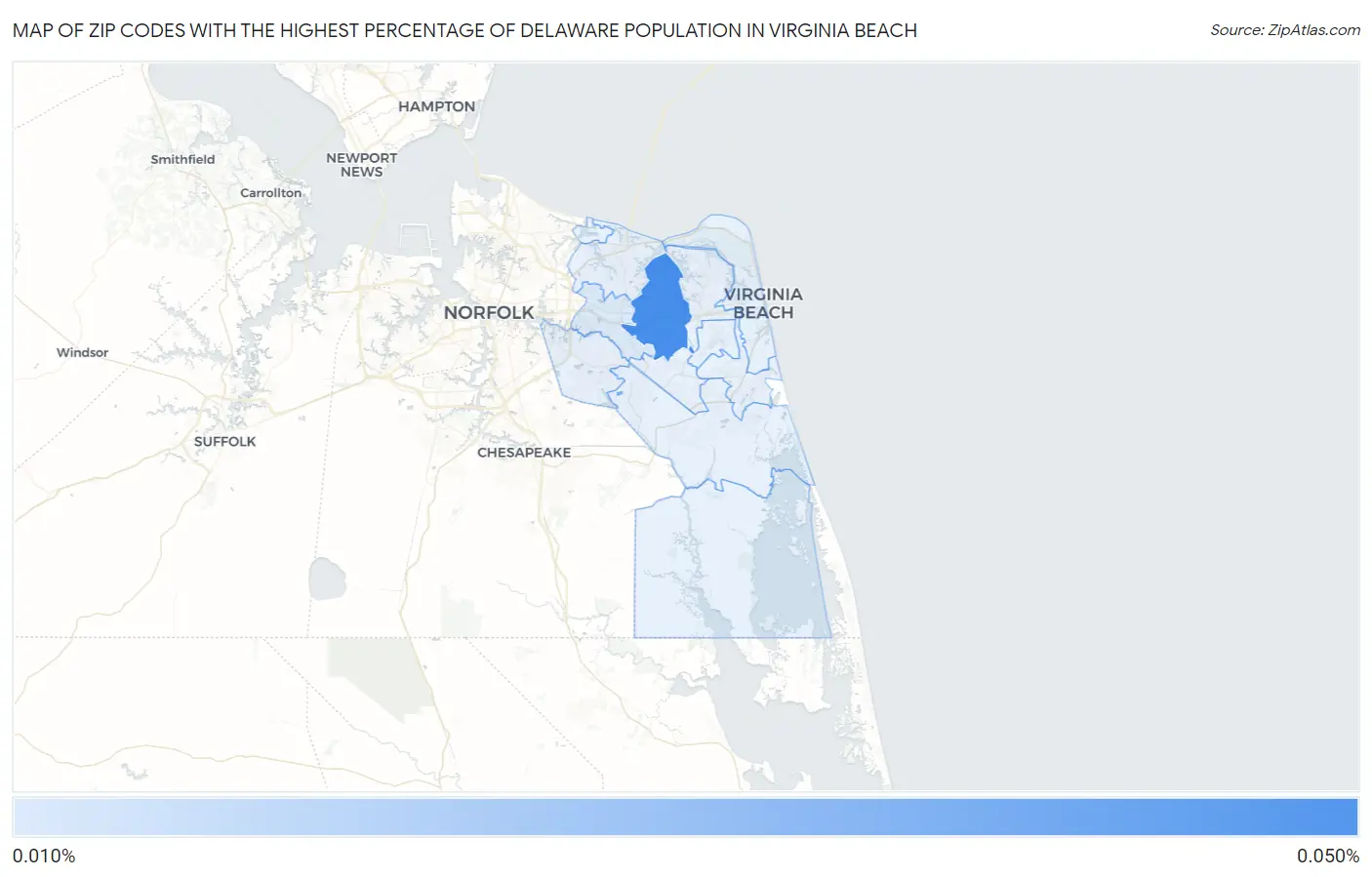 Zip Codes with the Highest Percentage of Delaware Population in Virginia Beach Map