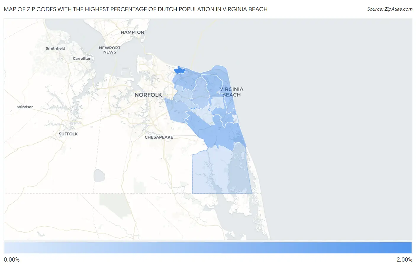 Zip Codes with the Highest Percentage of Dutch Population in Virginia Beach Map