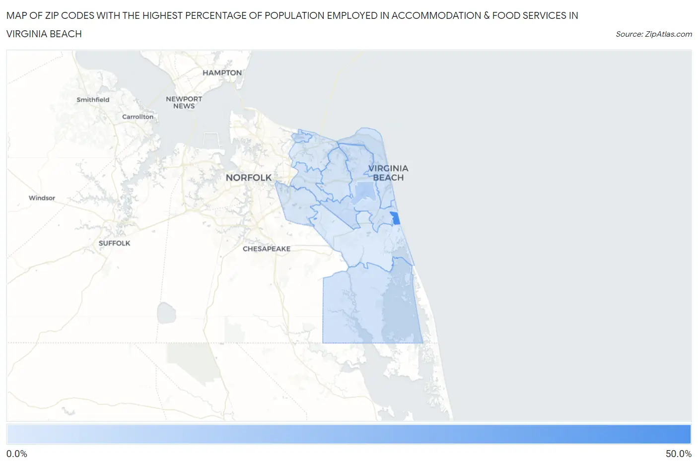 Zip Codes with the Highest Percentage of Population Employed in Accommodation & Food Services in Virginia Beach Map