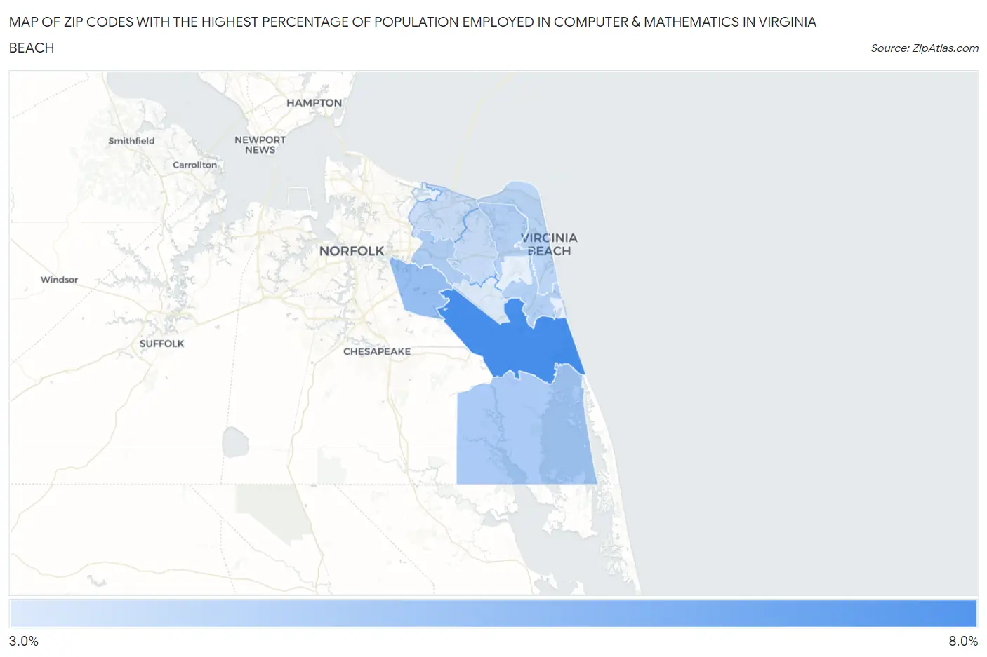 Zip Codes with the Highest Percentage of Population Employed in Computer & Mathematics in Virginia Beach Map