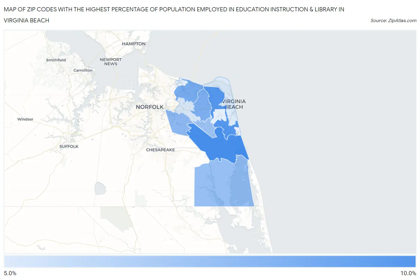 Zip Codes with the Highest Percentage of Population Employed in Education Instruction & Library in Virginia Beach Map