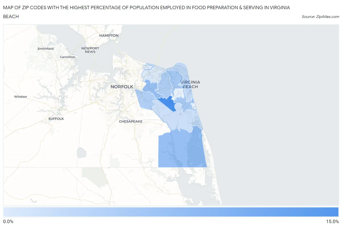 Zip Codes with the Highest Percentage of Population Employed in Food Preparation & Serving in Virginia Beach Map