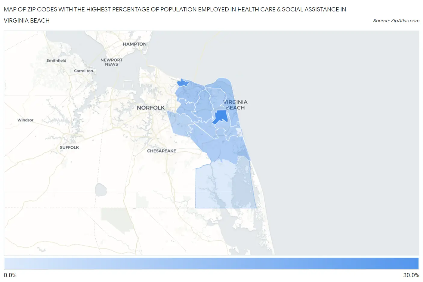 Zip Codes with the Highest Percentage of Population Employed in Health Care & Social Assistance in Virginia Beach Map
