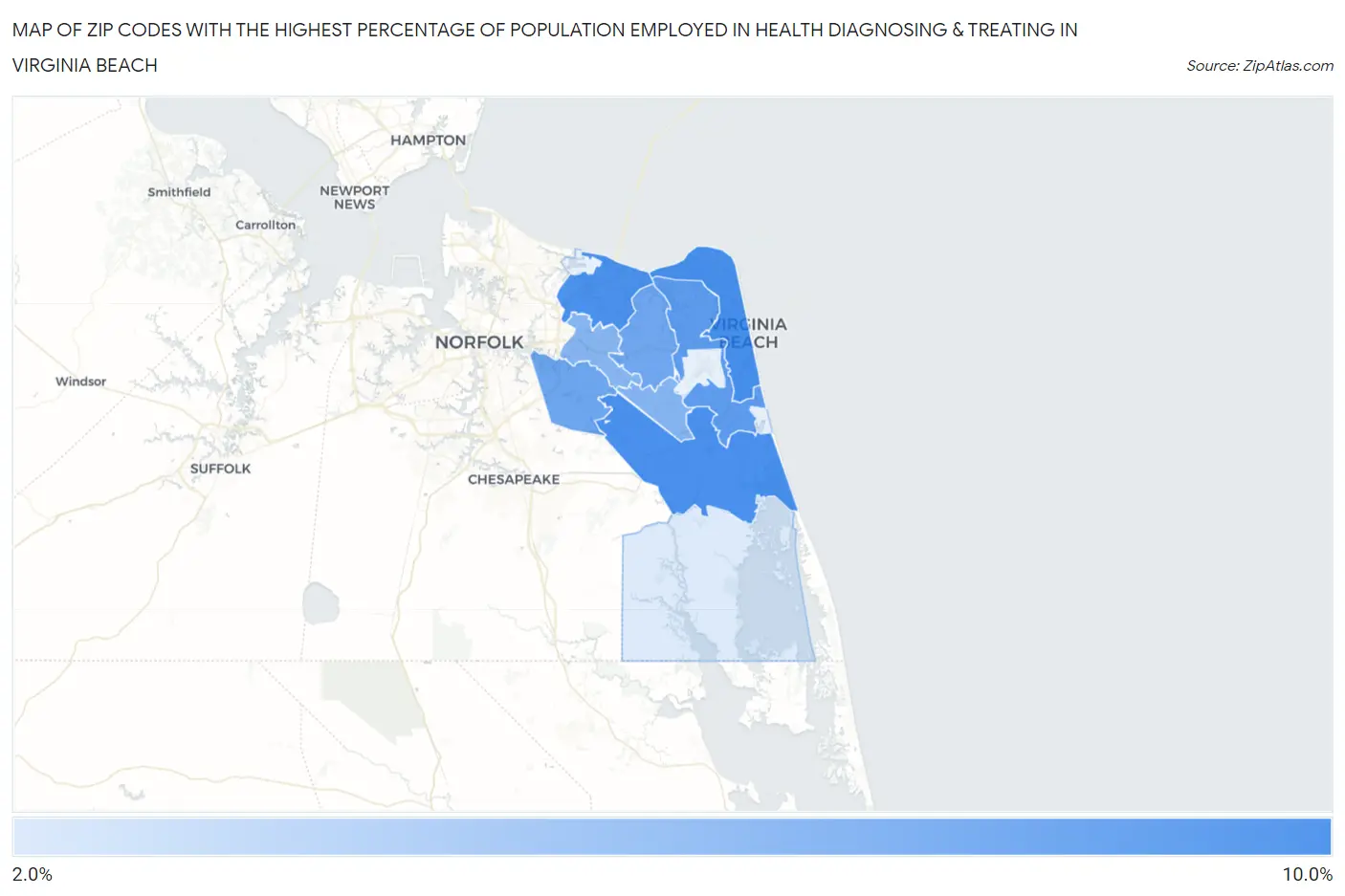 Zip Codes with the Highest Percentage of Population Employed in Health Diagnosing & Treating in Virginia Beach Map