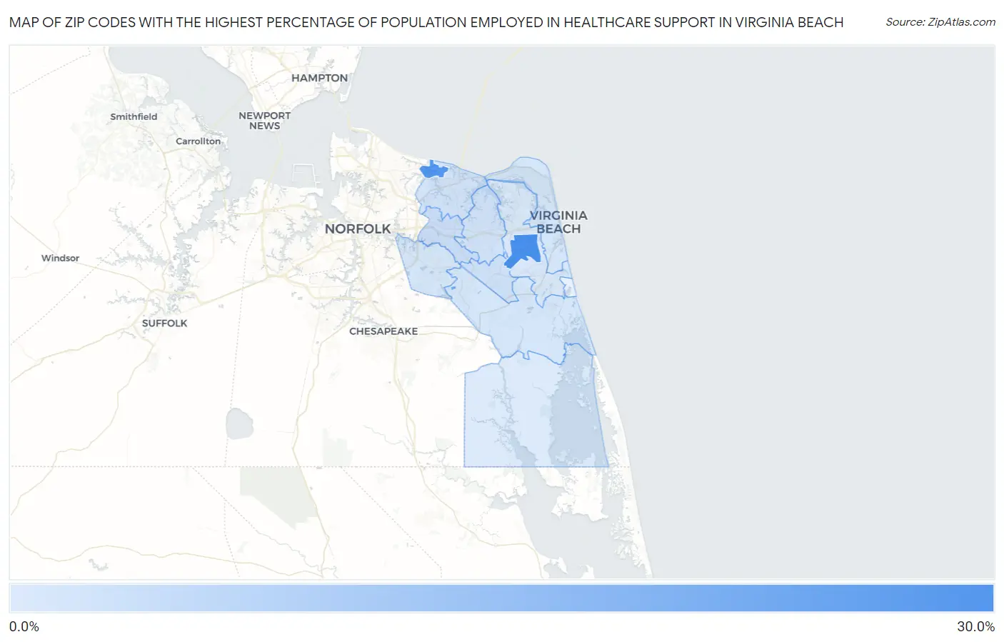 Zip Codes with the Highest Percentage of Population Employed in Healthcare Support in Virginia Beach Map