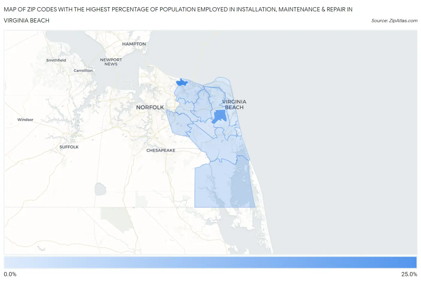 Zip Codes with the Highest Percentage of Population Employed in Installation, Maintenance & Repair in Virginia Beach Map