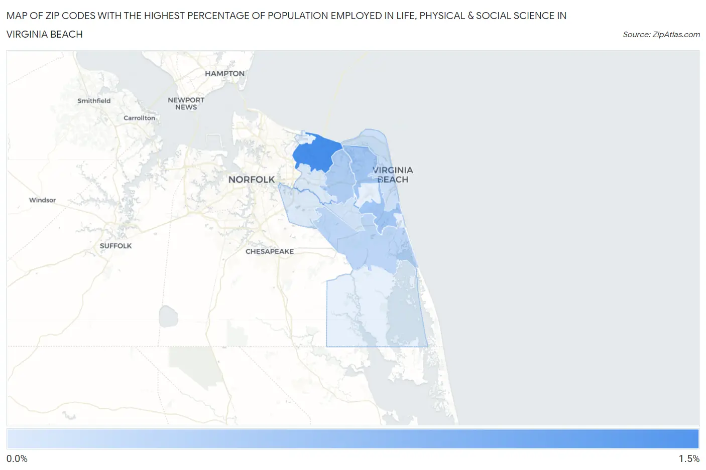 Zip Codes with the Highest Percentage of Population Employed in Life, Physical & Social Science in Virginia Beach Map