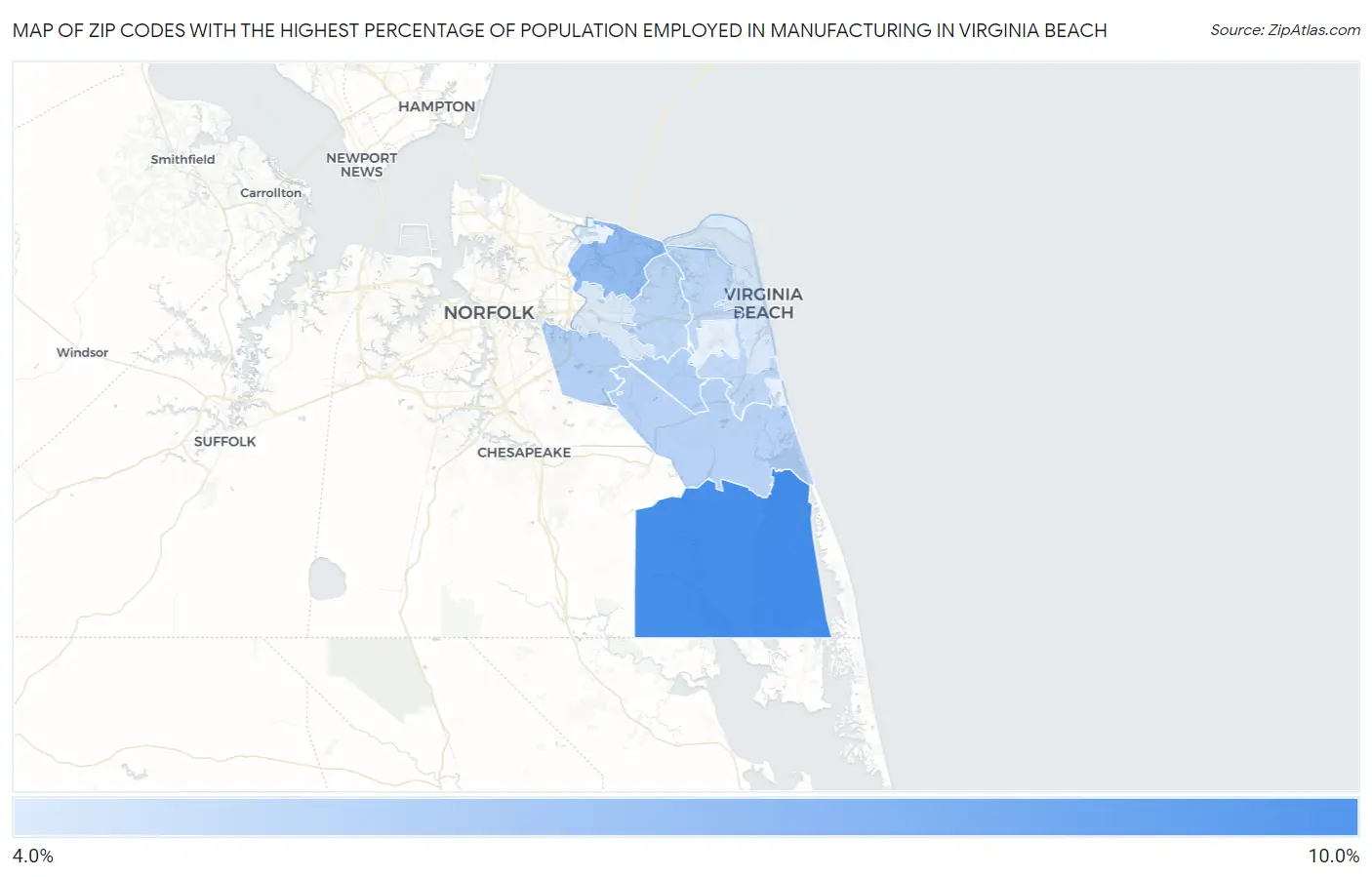 Zip Codes with the Highest Percentage of Population Employed in Manufacturing in Virginia Beach Map