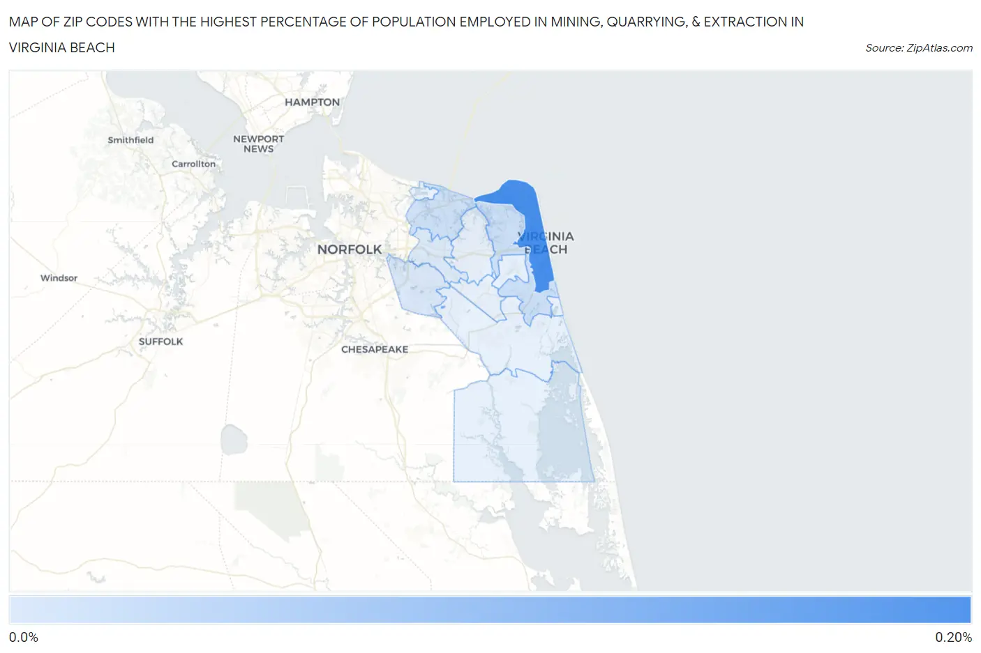 Zip Codes with the Highest Percentage of Population Employed in Mining, Quarrying, & Extraction in Virginia Beach Map