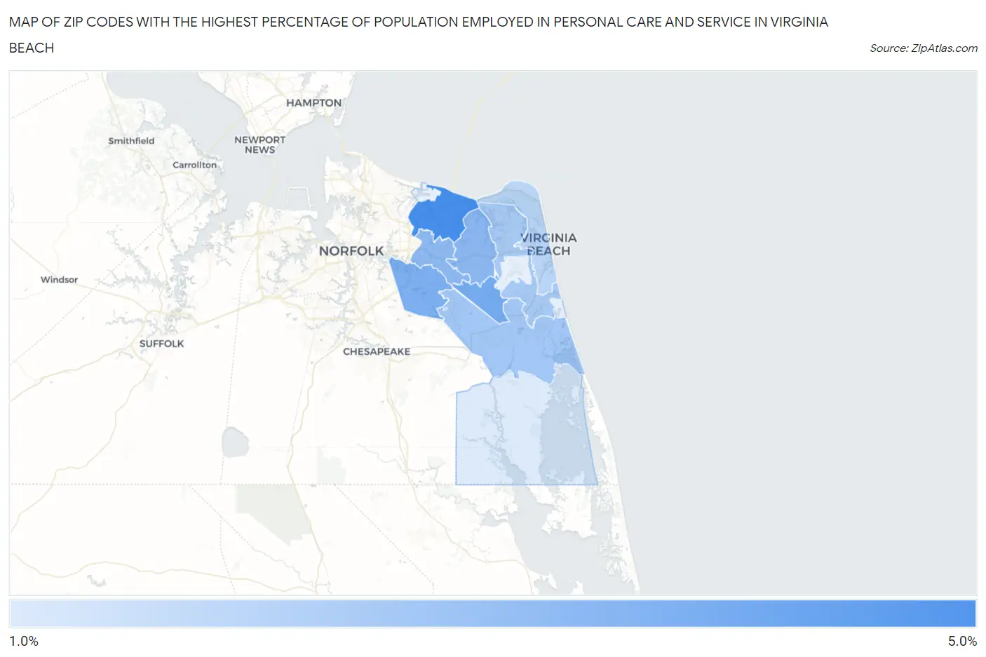 Zip Codes with the Highest Percentage of Population Employed in Personal Care and Service in Virginia Beach Map