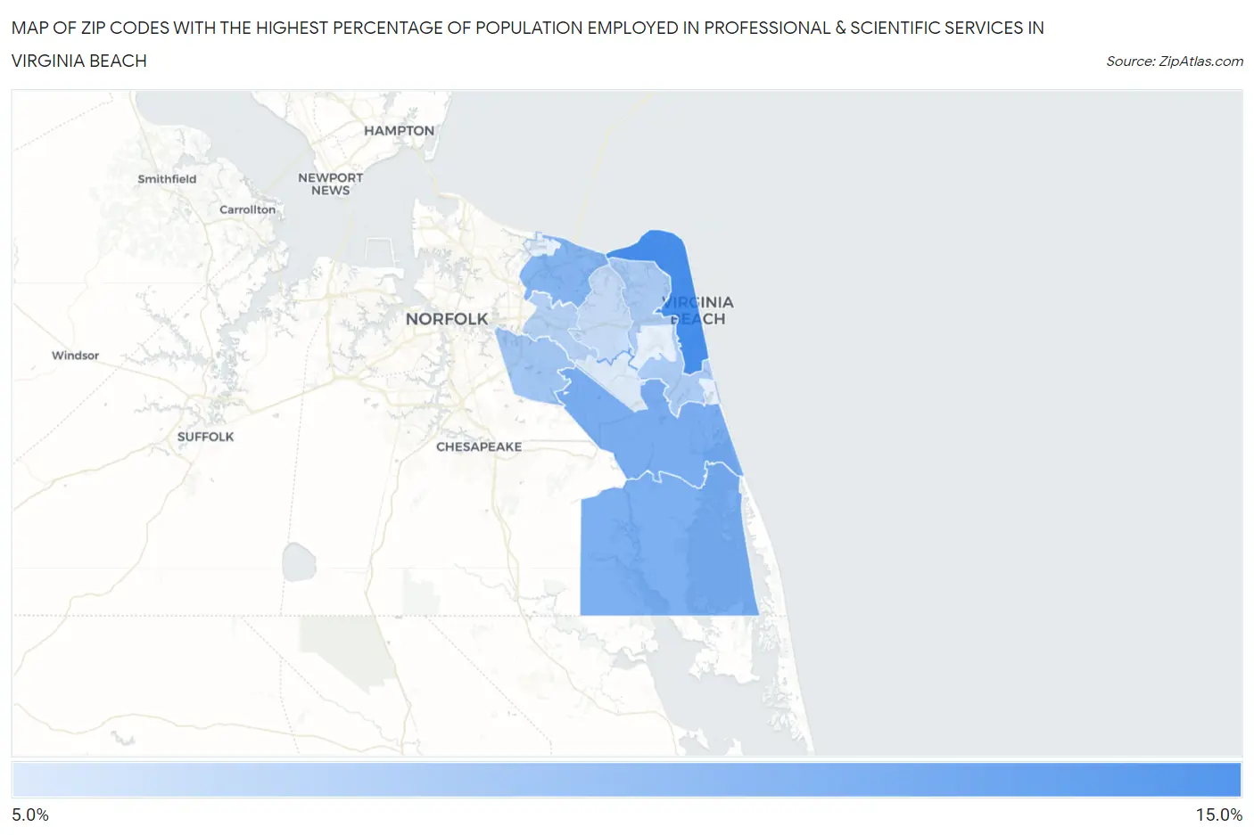 Zip Codes with the Highest Percentage of Population Employed in Professional & Scientific Services in Virginia Beach Map