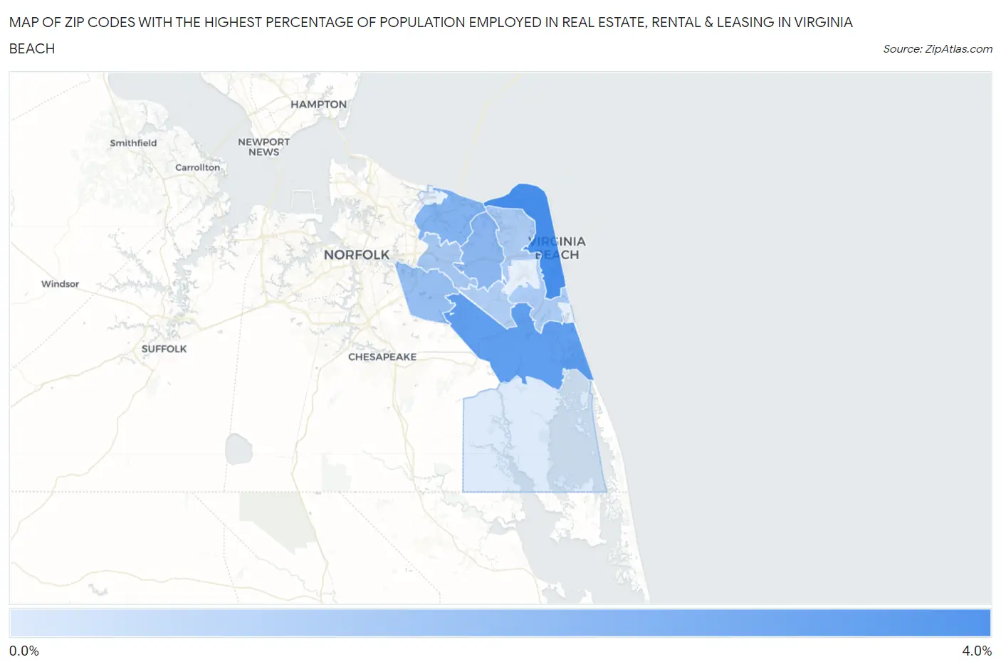 Zip Codes with the Highest Percentage of Population Employed in Real Estate, Rental & Leasing in Virginia Beach Map