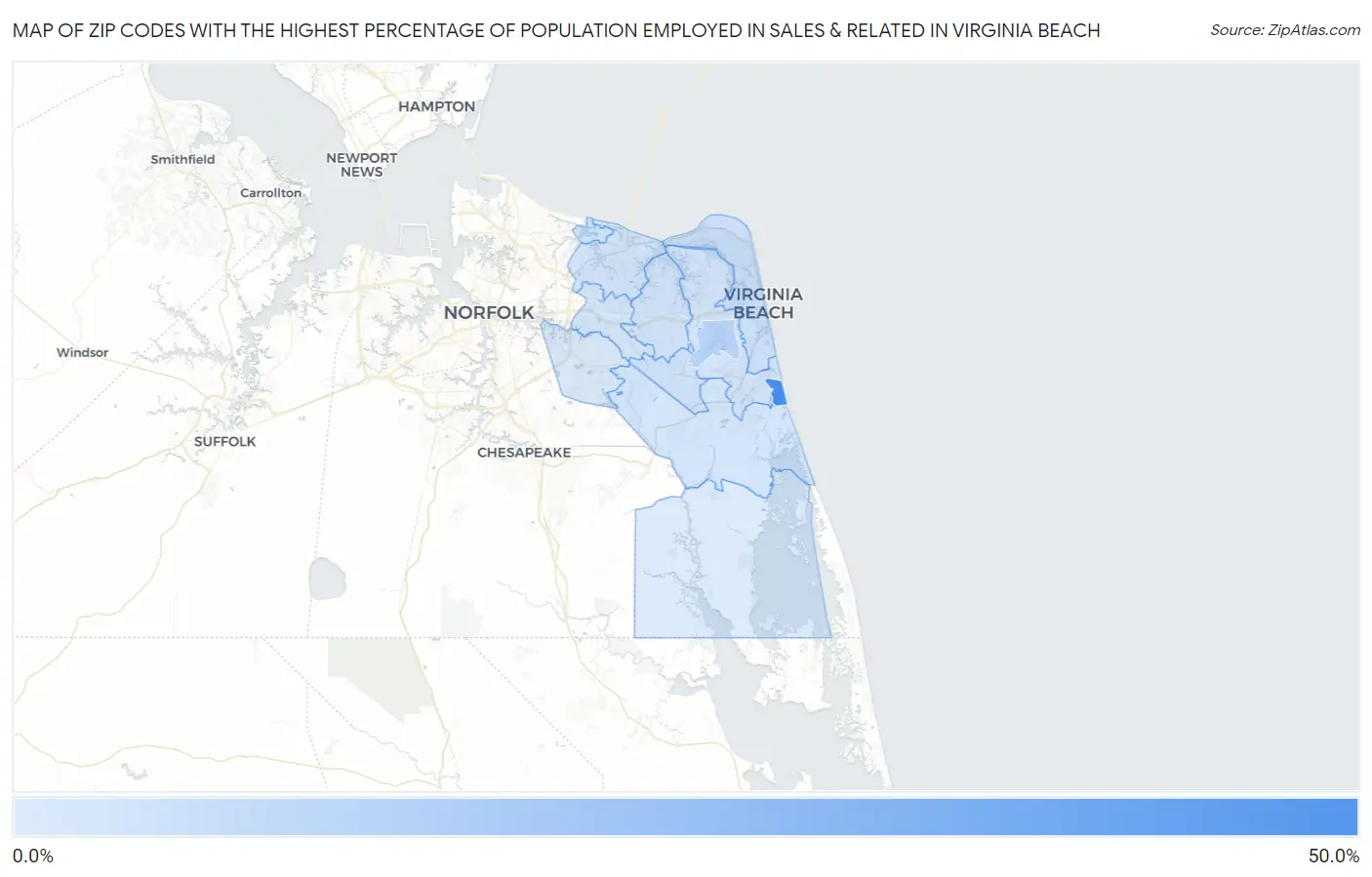 Zip Codes with the Highest Percentage of Population Employed in Sales & Related in Virginia Beach Map