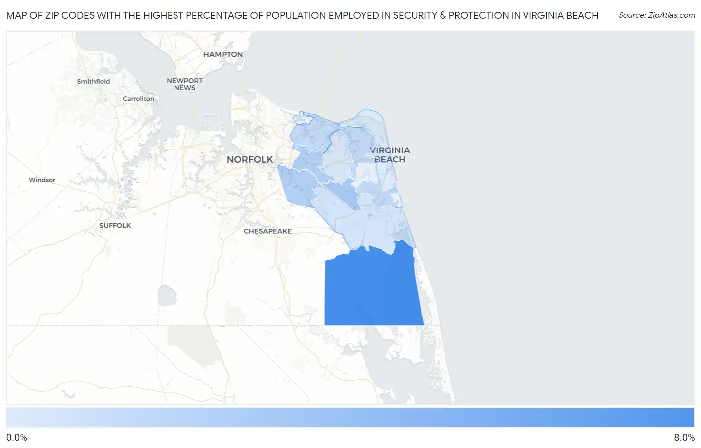 Zip Codes with the Highest Percentage of Population Employed in Security & Protection in Virginia Beach Map