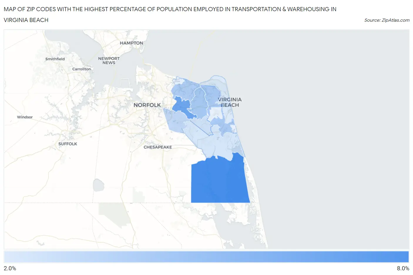 Zip Codes with the Highest Percentage of Population Employed in Transportation & Warehousing in Virginia Beach Map