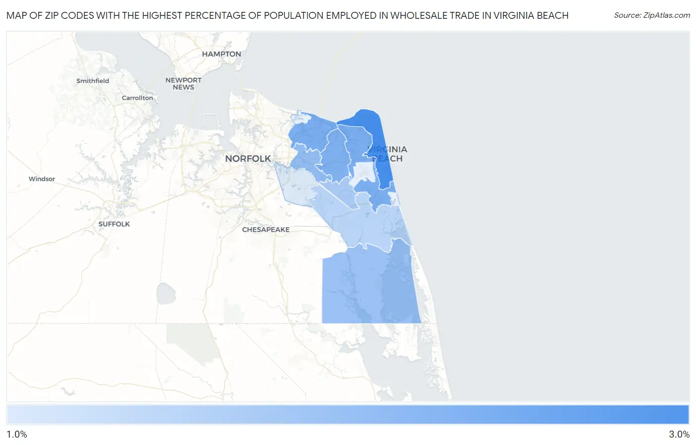 Zip Codes with the Highest Percentage of Population Employed in Wholesale Trade in Virginia Beach Map