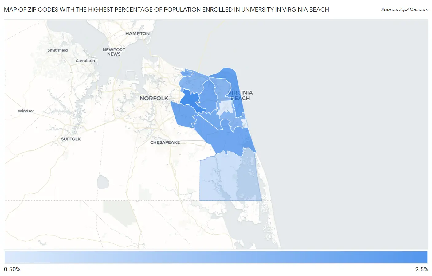 Zip Codes with the Highest Percentage of Population Enrolled in University in Virginia Beach Map