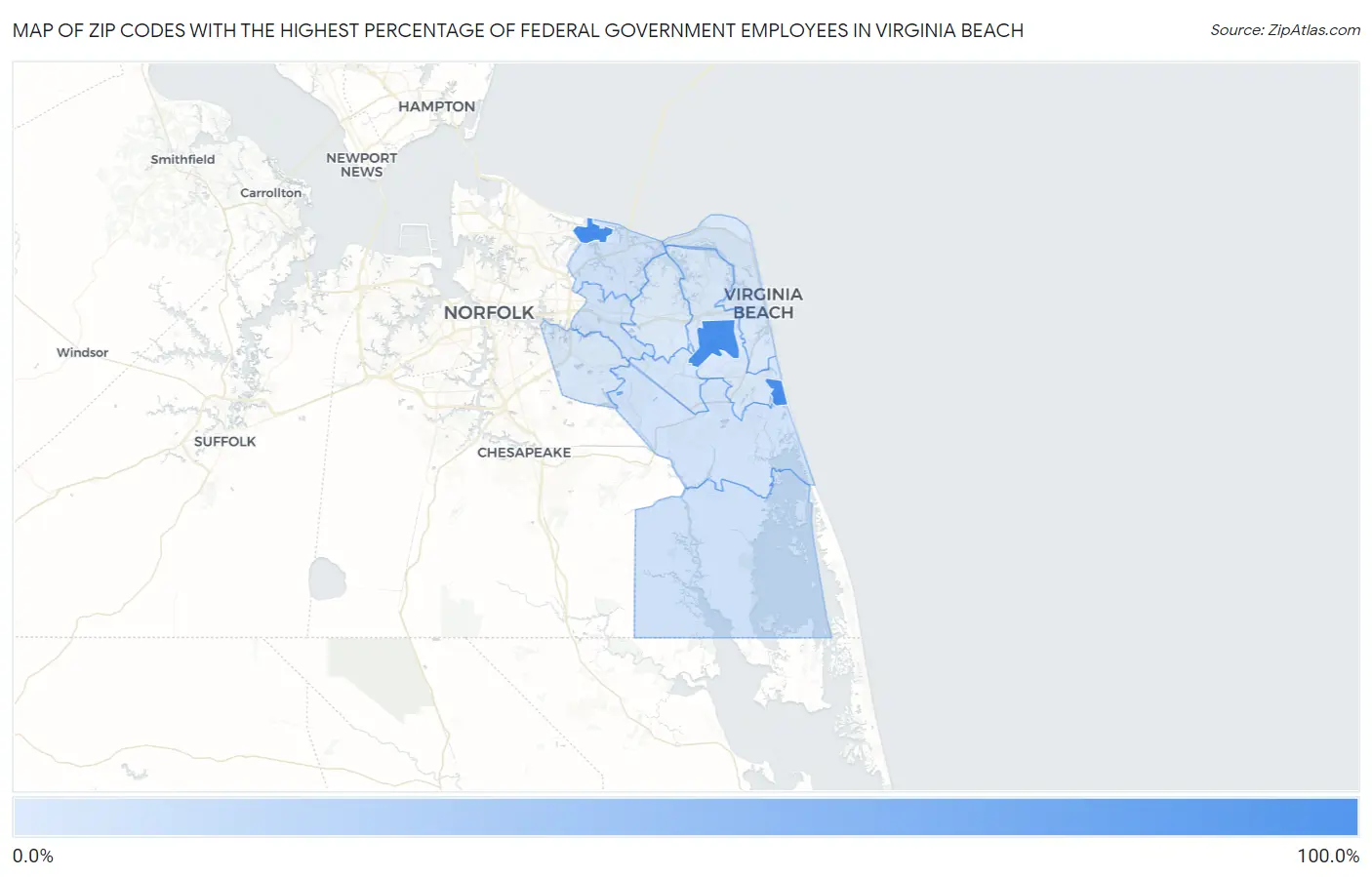 Zip Codes with the Highest Percentage of Federal Government Employees in Virginia Beach Map
