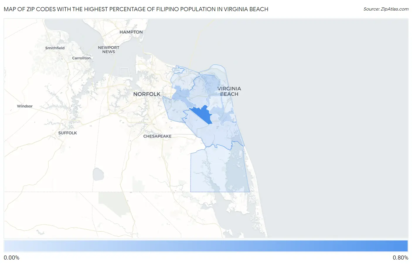 Zip Codes with the Highest Percentage of Filipino Population in Virginia Beach Map