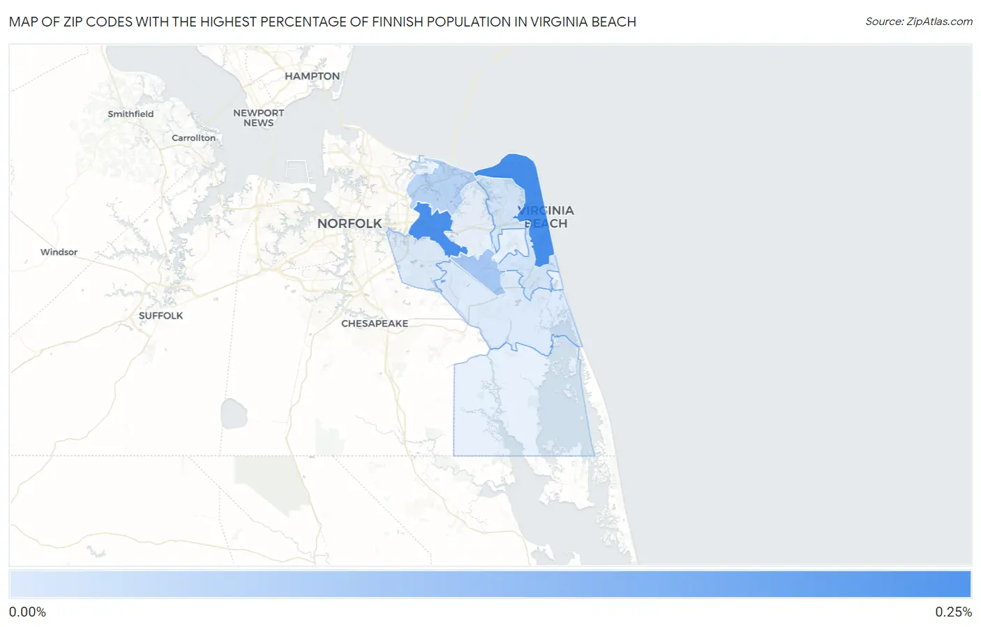 Zip Codes with the Highest Percentage of Finnish Population in Virginia Beach Map