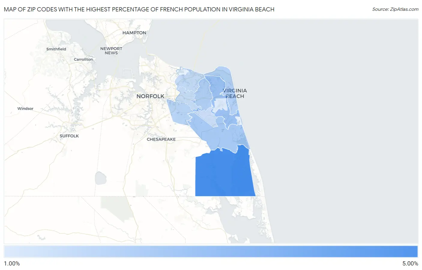Zip Codes with the Highest Percentage of French Population in Virginia Beach Map
