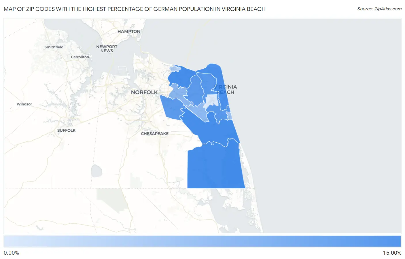 Zip Codes with the Highest Percentage of German Population in Virginia Beach Map